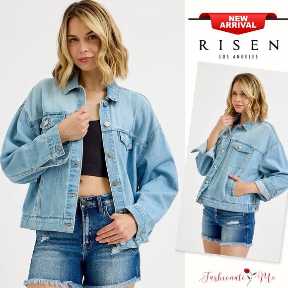 RISEN Oversized Dropped Shoulder Buttoned Chest Pockets Light Wash Denim Jacket - Picture 1 of 7